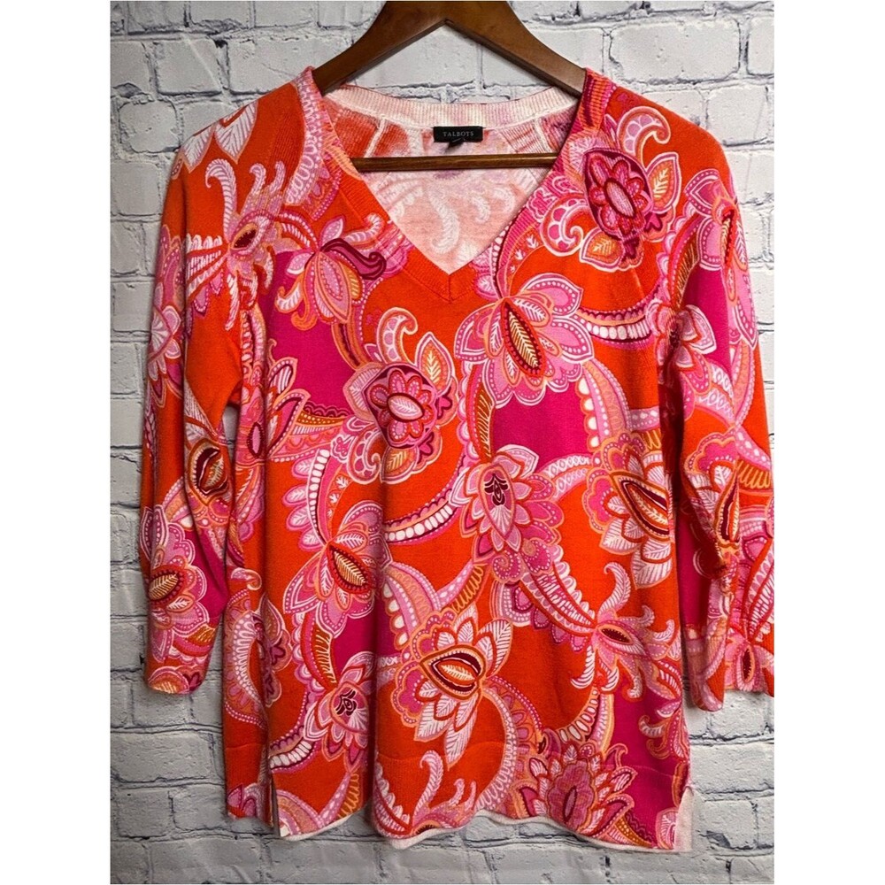 Talbots Pink Orange Coastal Casual Classic Lightweight Pullover V-neck Sweater S